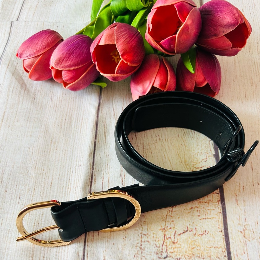 Juicy Couture Black Gold Double Logo Buckle Faux Leather Belt Size S/M